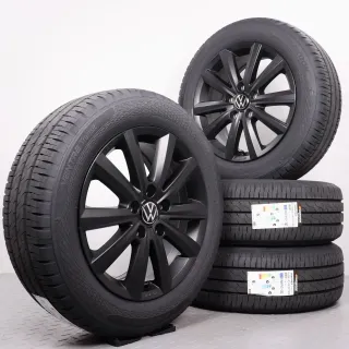 Sommerräder 17 Zoll VW T5 T6 T6.1 Original Felgen Merano schwarz matt 7E0071497 Sommerreifen 215/60R17 109/107T Hankook RA58 Vantra Transit 7x17ET55 5x120 NEU - Bild 1