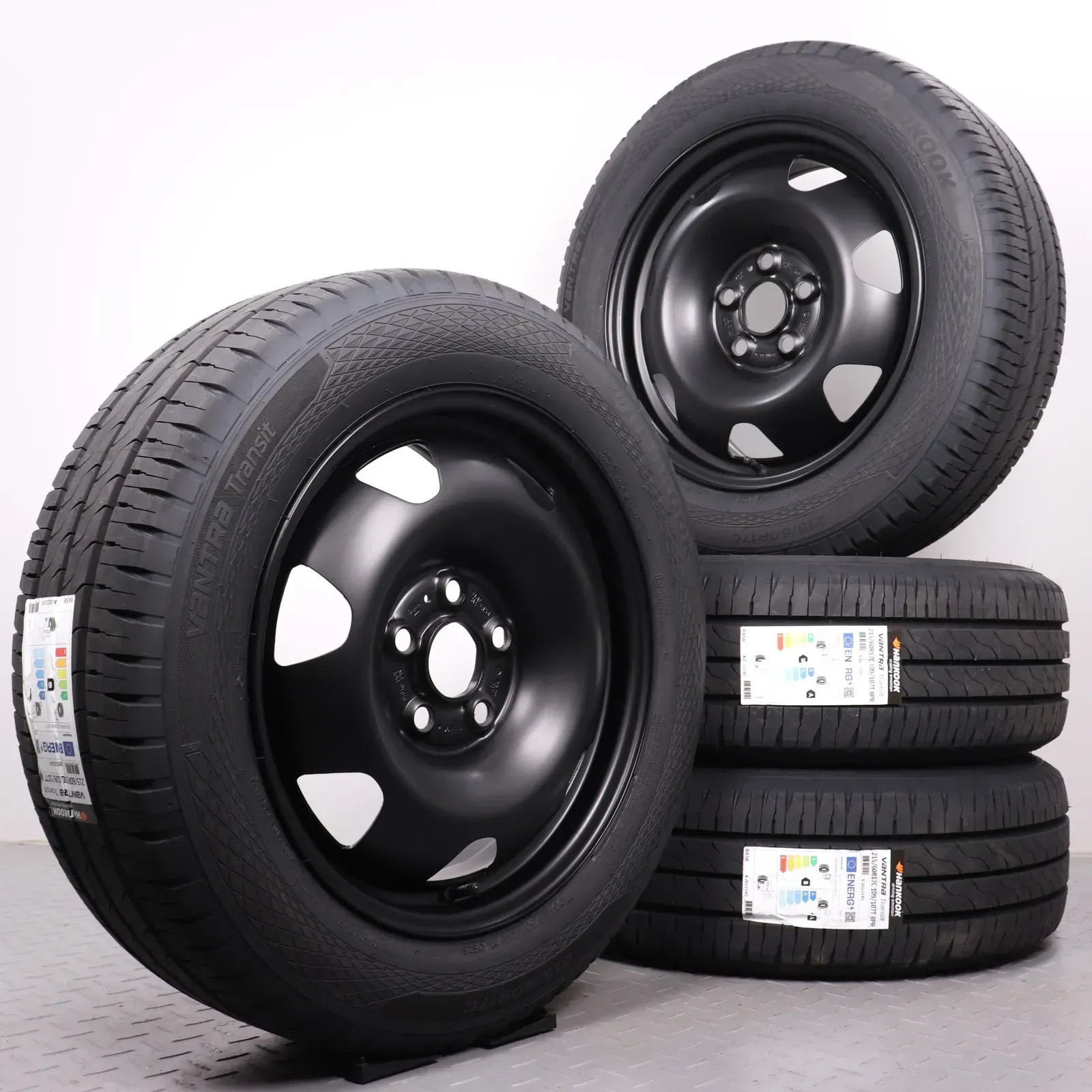 Sommerräder 17 Zoll VW T5 T6 T6.1 Original Felgen 7J5601027 Sommerreifen 215/60R17C 109/107T Hankook RA58 Vantra Transit Stahlfelge schwarz matt 7x17ET56 5x120 Stahlfelgen NEU - Bild 1