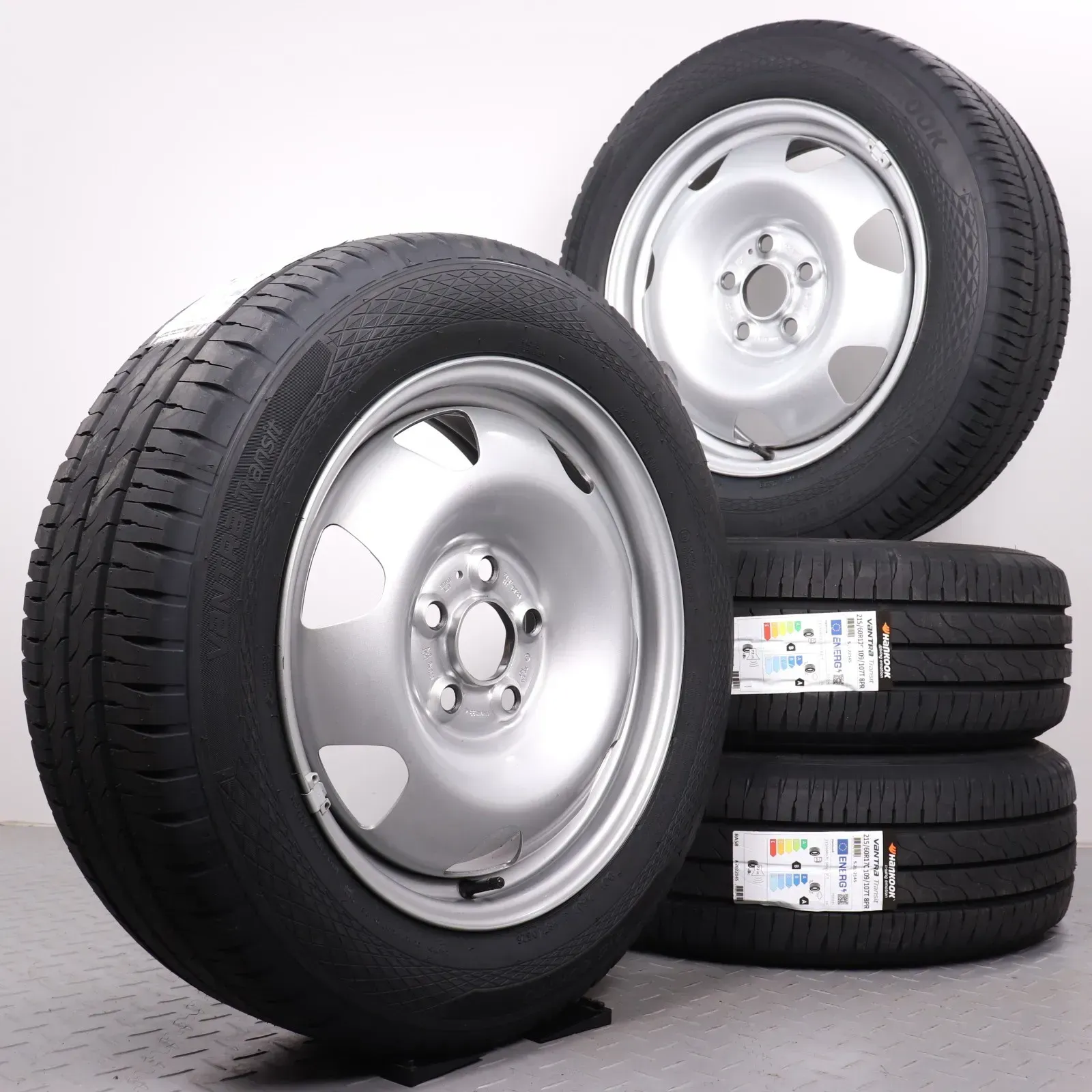 Sommerräder 17 Zoll VW T5 T6 T6.1 Original Felgen 7J5601027 Sommerreifen 215/60R17C 109/107T Hankook RA58 Vantra Transit Stahlfelge silber 7x17ET56 5x120 Stahlfelgen NEU - Bild 1