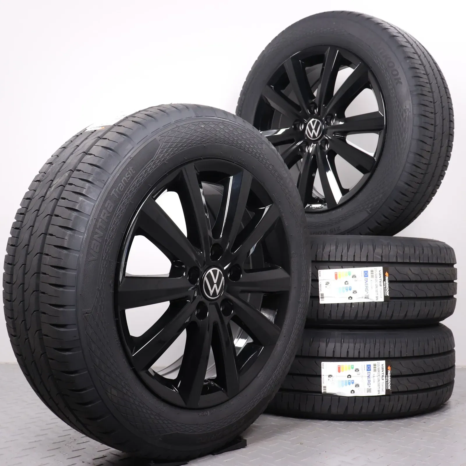 Sommerräder 17 Zoll VW T5 T6 T6.1 Original Felgen Merano schwarz glanz 7E0071497A Sommerreifen 215/60R17 109/107T Hankook RA58 Vantra Transit 7x17ET56 5x120 NEU - Bild 1