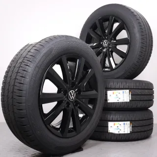 Sommerräder 17 Zoll VW T5 T6 T6.1 Original Felgen Merano schwarz glanz 7E0071497 Sommerreifen 215/60R17 109/107T Hankook RA58 Vantra Transit 7x17ET55 5x120 NEU - Bild 1